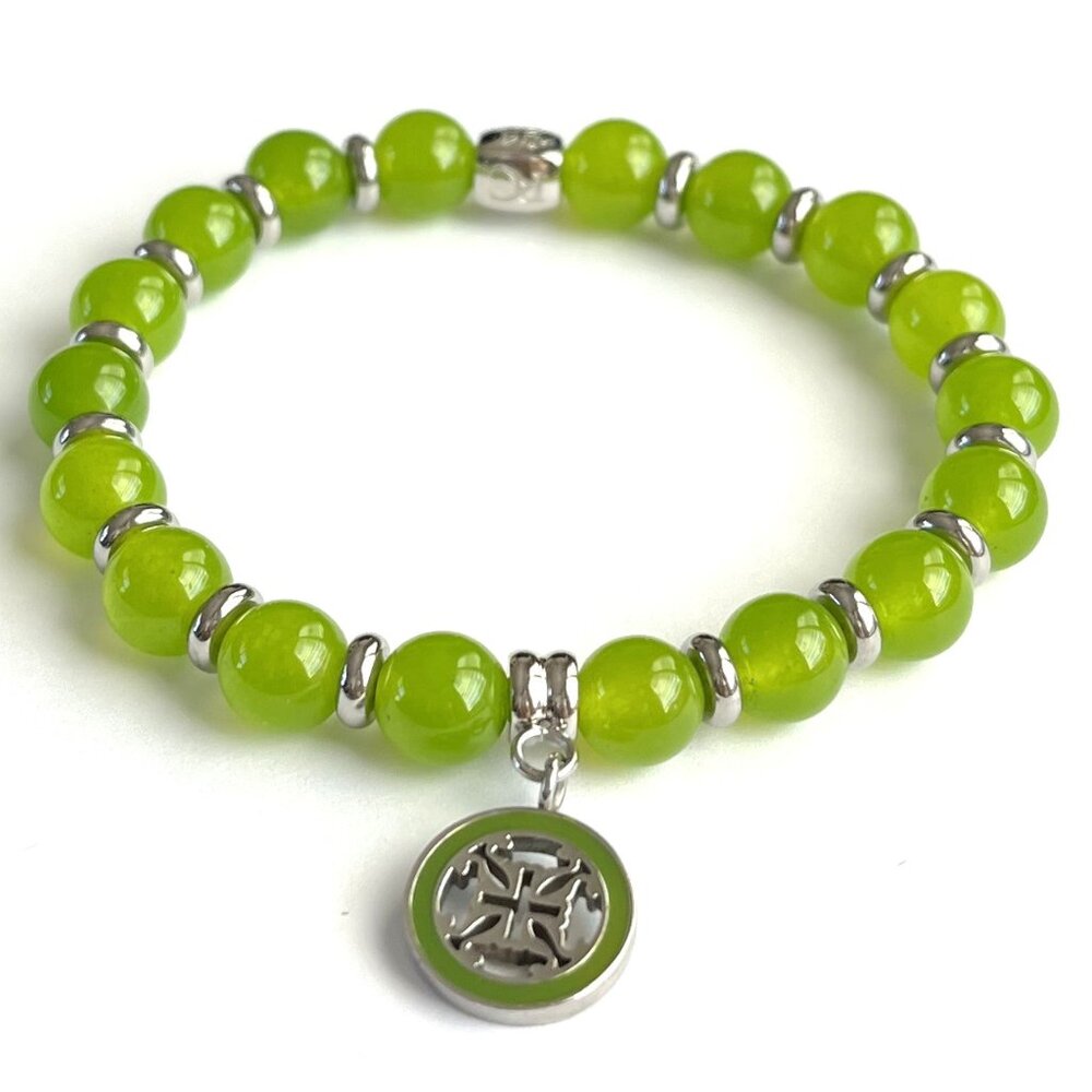 Rustic Cuff Faceted Semiprecious  Lime Green Stones Beaded Stretch Bracelet